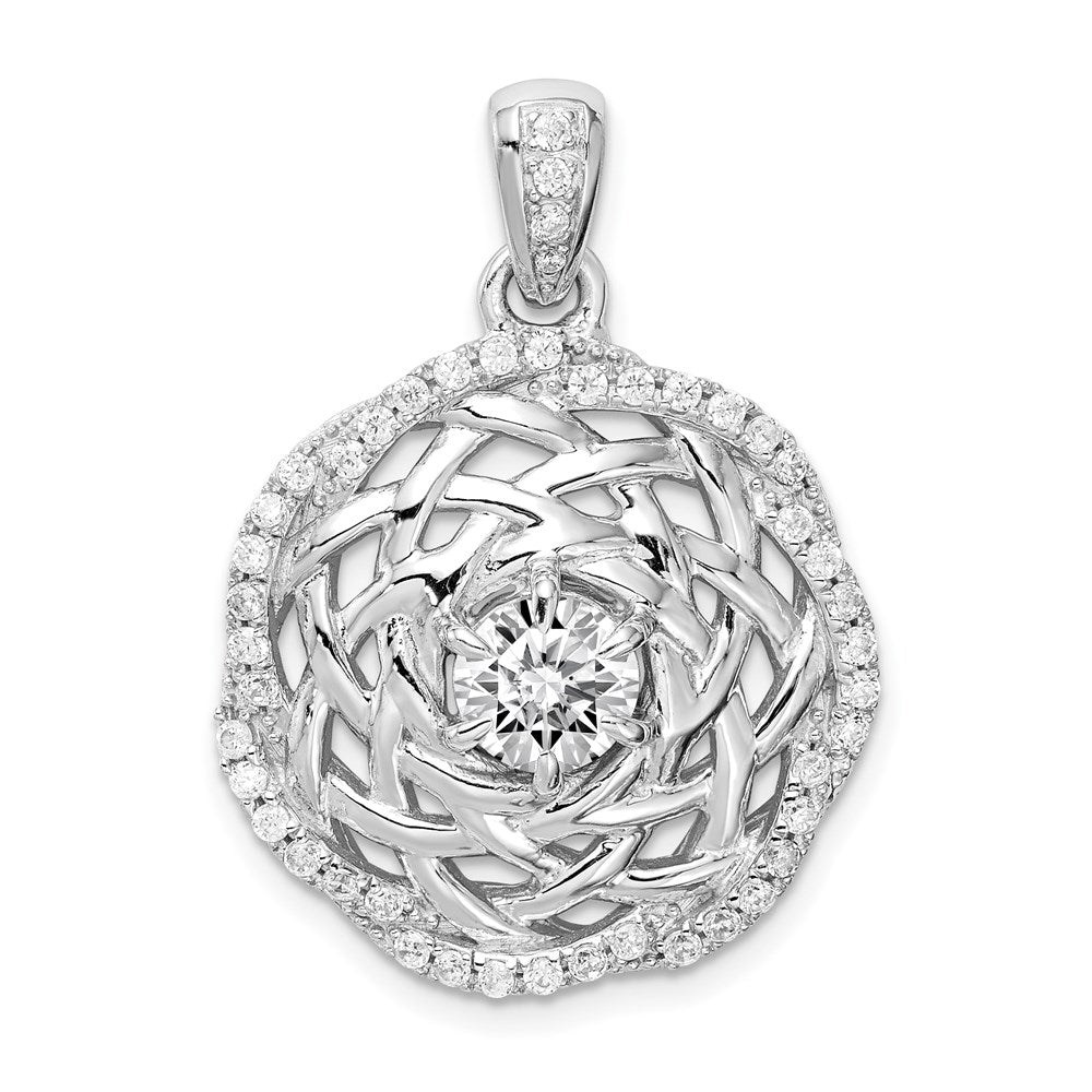Sterling Silver Rhodium-Plated 6mm Cz Center Woven Pendant