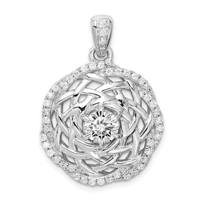 Sterling Silver Rhodium-Plated 6mm Cz Center Woven Pendant