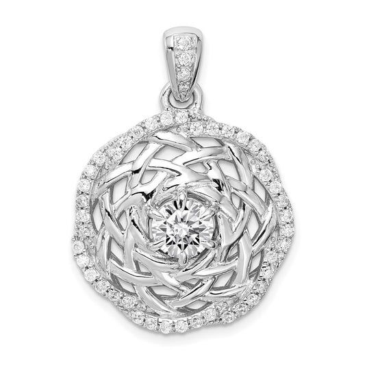 Sterling Silver Rhodium-Plated 6mm Cz Center Woven Pendant