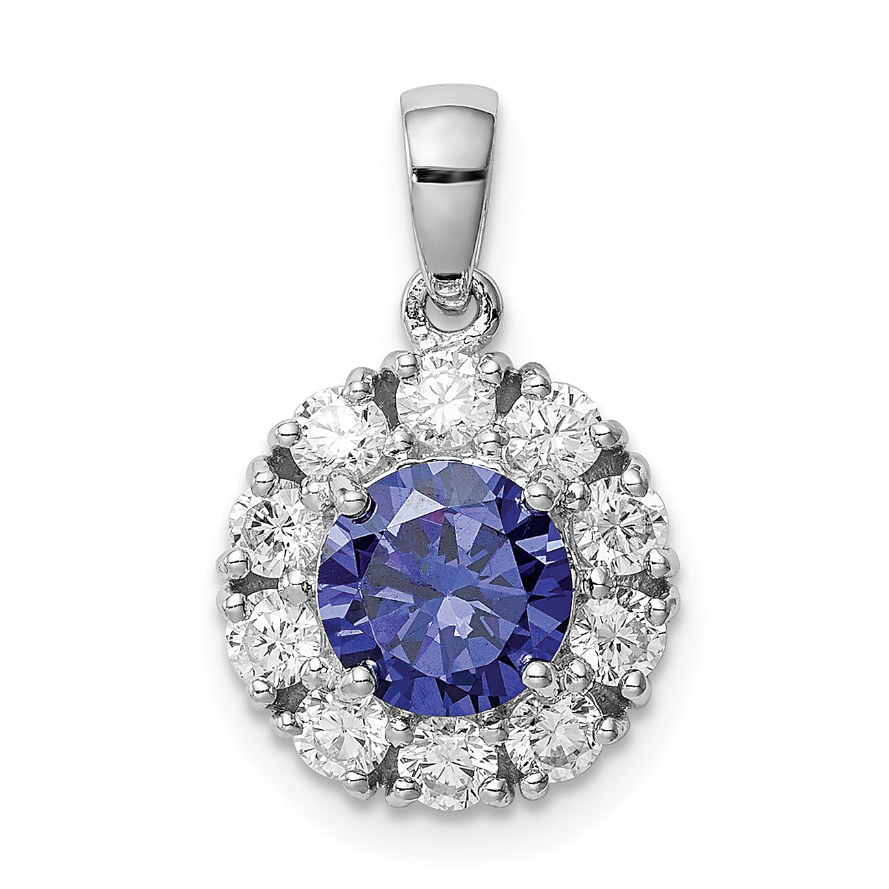 Sterling Silver Rhodium-Plated Blue And White Cz Halo Pendant