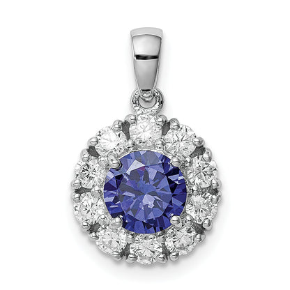 Sterling Silver Rhodium-Plated Blue And White Cz Halo Pendant