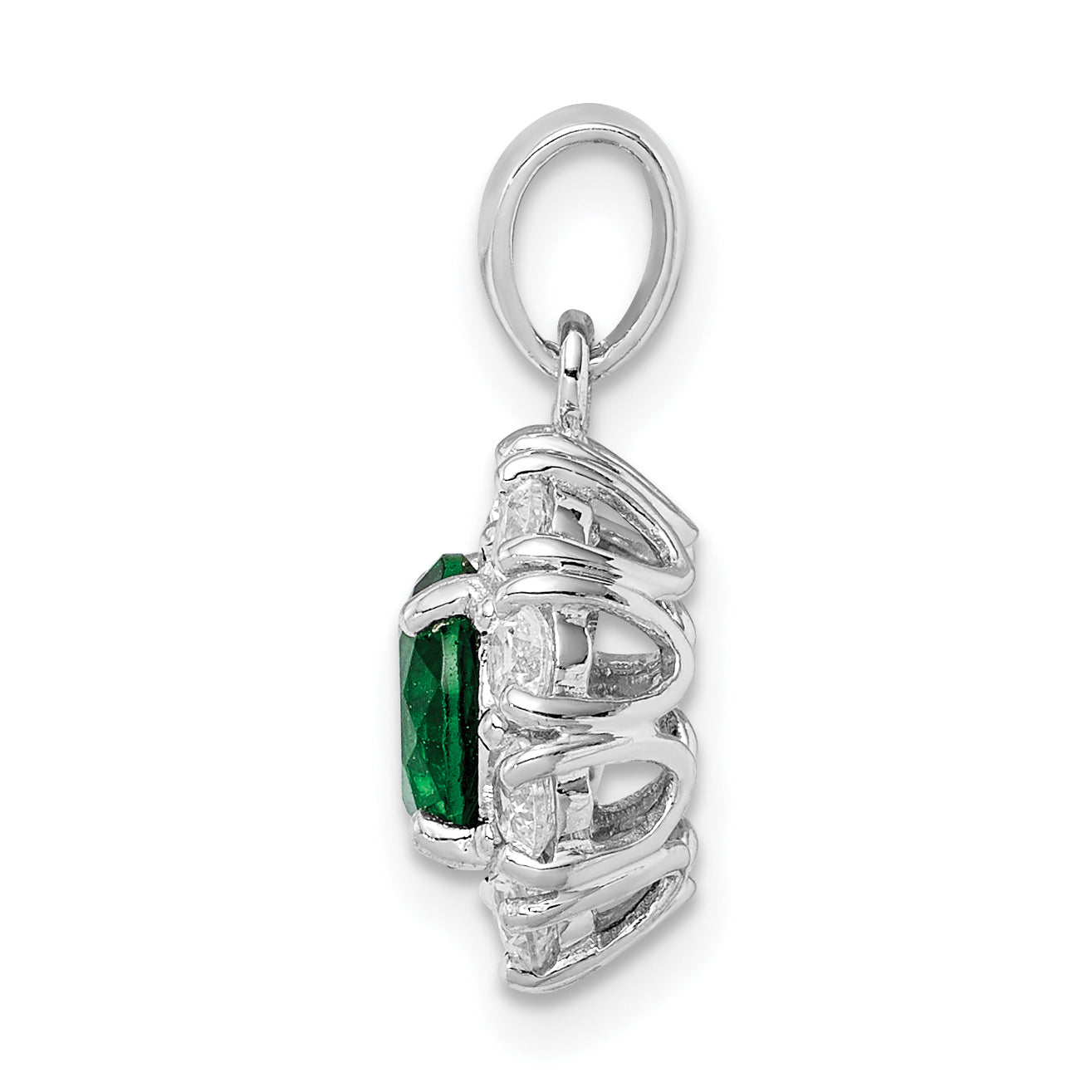 Sterling Silver Rhodium-Plated Green Glass And Cz Halo Pendant