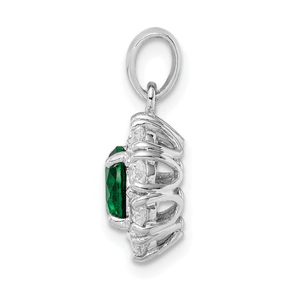 Sterling Silver Rhodium-Plated Green Glass And Cz Halo Pendant