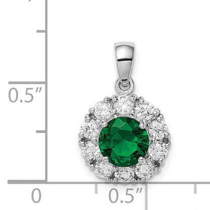 Sterling Silver Rhodium-Plated Green Glass And Cz Halo Pendant