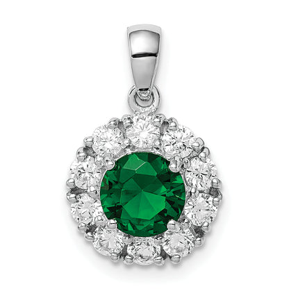 Sterling Silver Rhodium-Plated Green Glass And Cz Halo Pendant