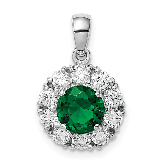 Sterling Silver Rhodium-Plated Green Glass And Cz Halo Pendant