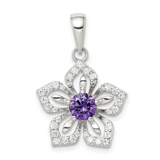 Sterling Silver Purple And Clear Cz Flower Pendant