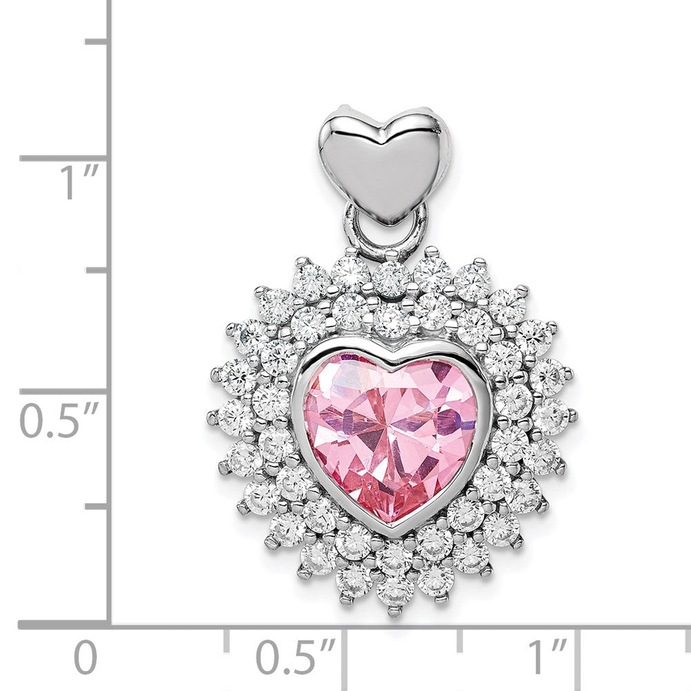 Sterling Silver Rhodium-Plated 9mm Pink Heart Cz Pendant