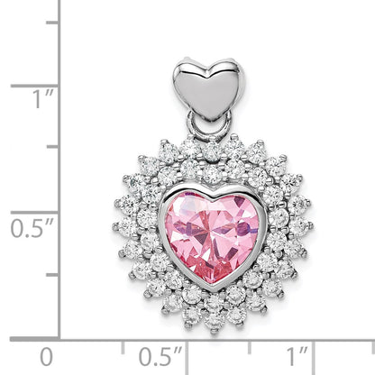 Sterling Silver Rhodium-Plated 9mm Pink Heart Cz Pendant