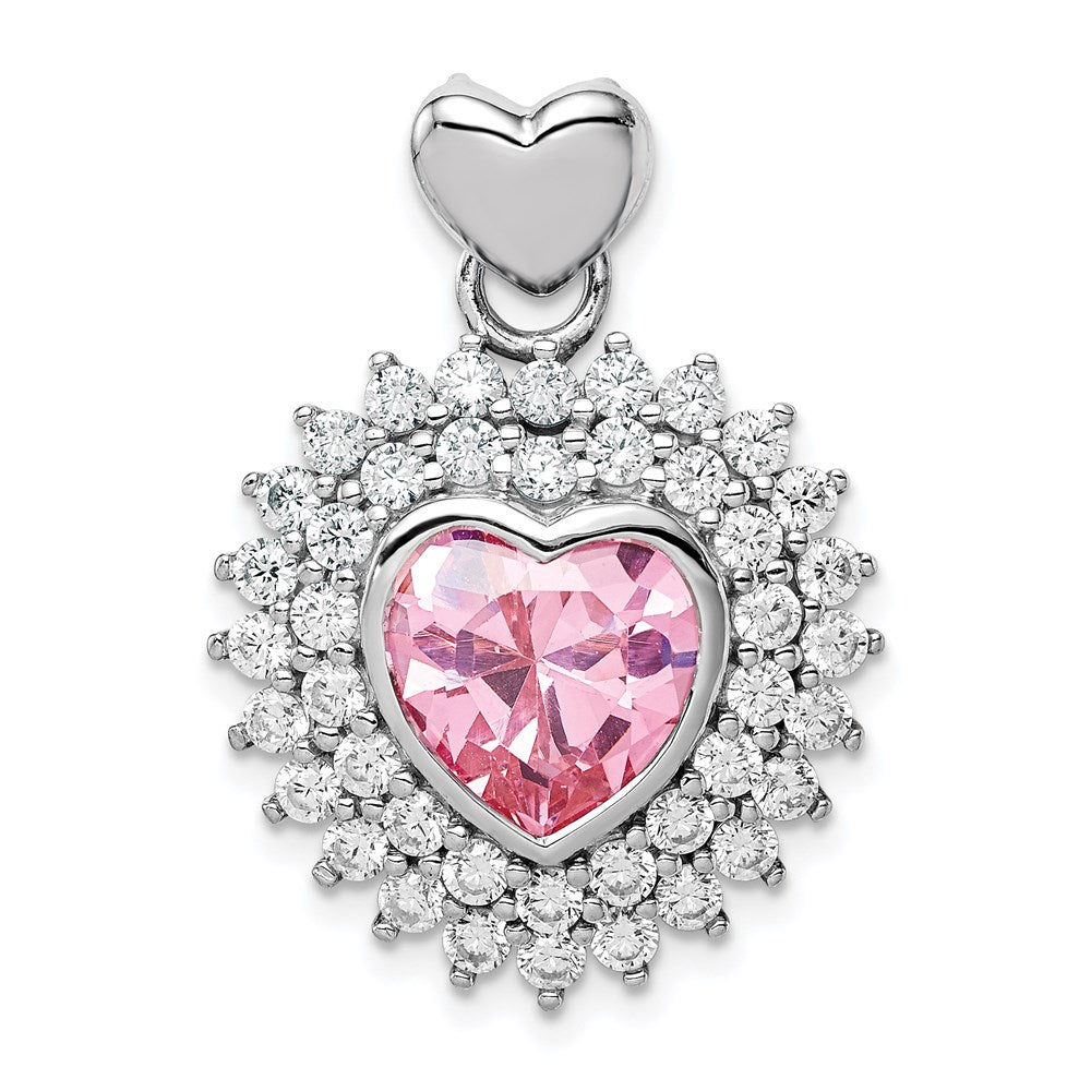 Sterling Silver Rhodium-Plated 9mm Pink Heart Cz Pendant