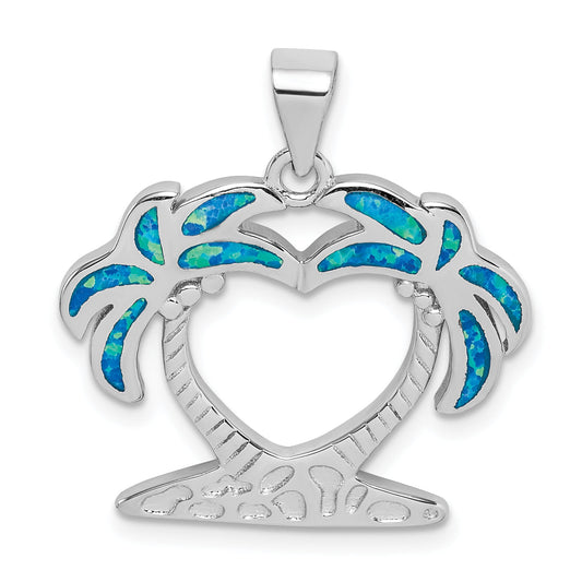 Sterling Silver Rhodium-Plated Created Blue Opal Palm Trees Pendant