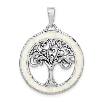 Sterling Silver Rhodium-Plated Created Opal Circle W/Tree Pendant