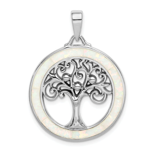 Sterling Silver Rhodium-Plated Created Opal Circle W/Tree Pendant