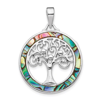 Sterling Silver Rhodium-Plated Abalone Circle W/Tree Of Life Pendant