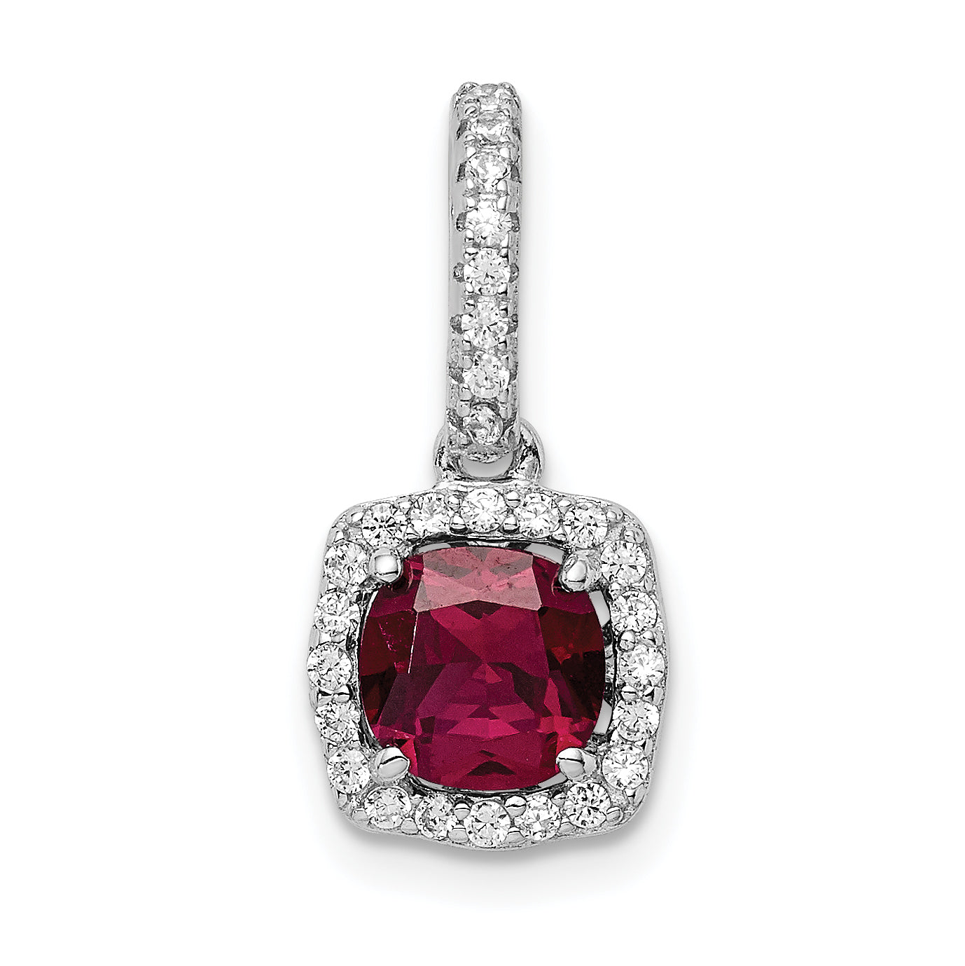 Sterling Silver Rhodium-Plated Lab Created Red Corundum And White Cz Pendant