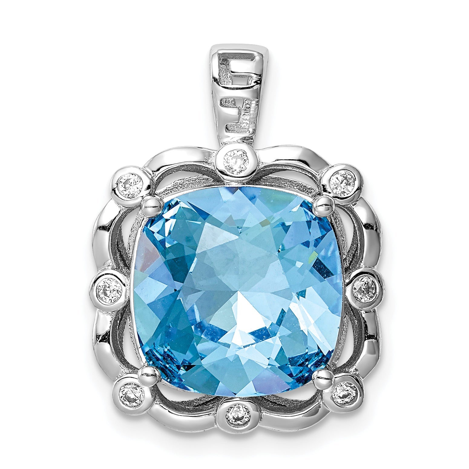 Sterling Silver Rhodium-Plated Clear/Blue Cushion Crystal Pendant