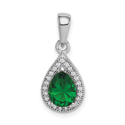 Sterling Silver Rhodium Plated Green And Clear Cz Pendant