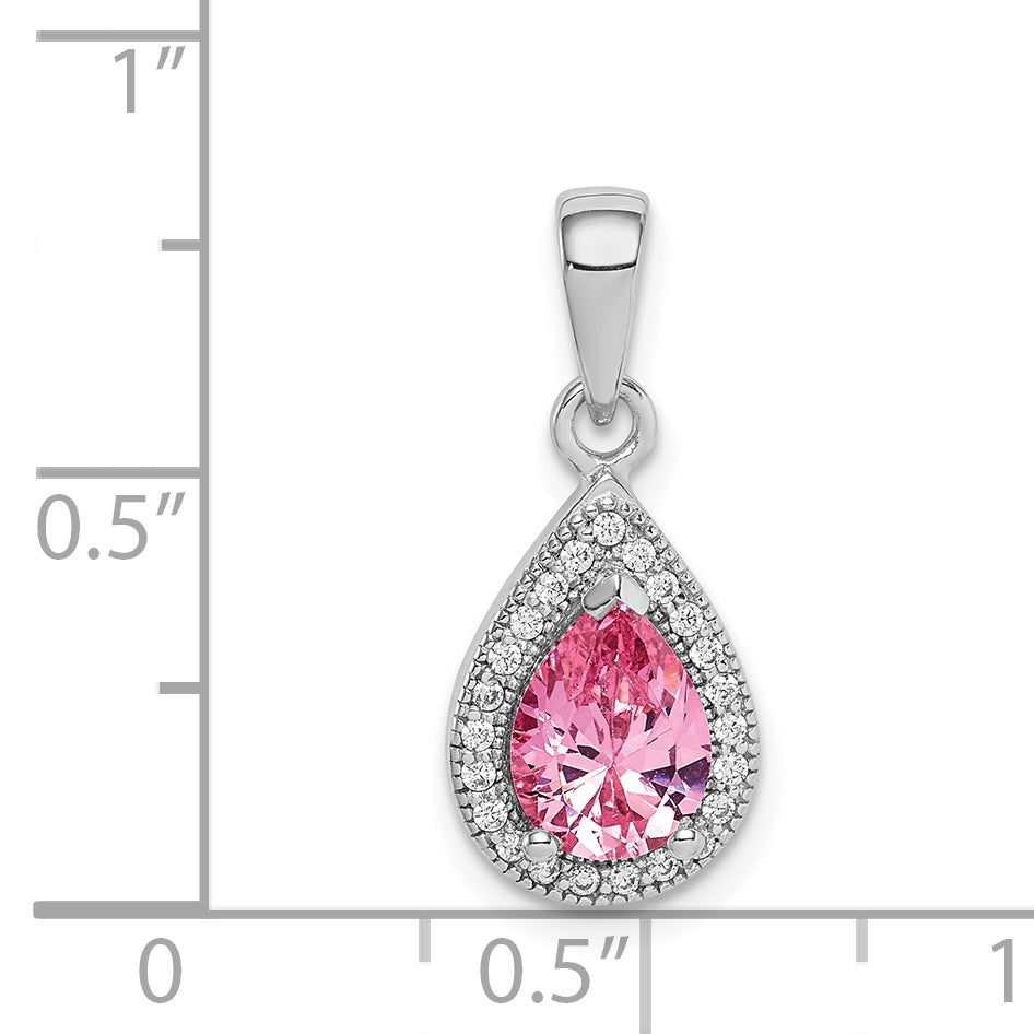 Sterling Silver Rhodium Plated Pink And Clear Cz Pendant