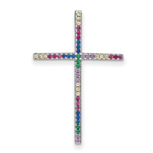Sterling Silver Prizma Rhodium-Plated Colorful Cz Cross Chain Slide