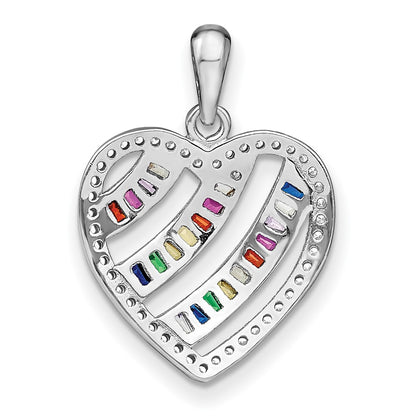 Sterling Silver Prizma Rhodium-Plated White And Colorful Three Row Cz Open Heart Pendant