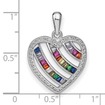 Sterling Silver Prizma Rhodium-Plated White And Colorful Three Row Cz Open Heart Pendant