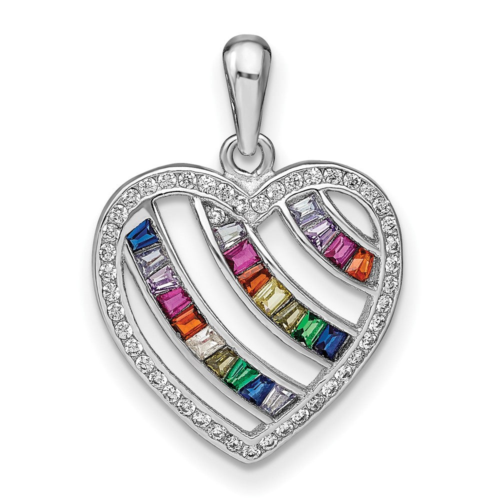 Sterling Silver Prizma Rhodium-Plated White And Colorful Three Row Cz Open Heart Pendant