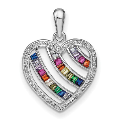 Sterling Silver Prizma Rhodium-Plated White And Colorful Three Row Cz Open Heart Pendant