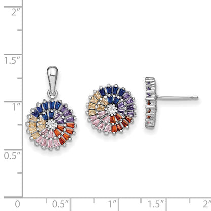 Sterling Silver Prizma Rhodium-Plated White And Colorful Cz Post Earring Pendant Set