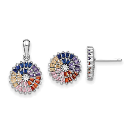 Sterling Silver Prizma Rhodium-Plated White And Colorful Cz Post Earring Pendant Set