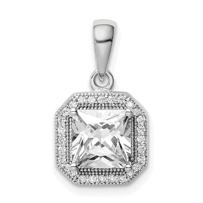 Sterling Silver Rhodium Plated Clear Cz And Square Pendant