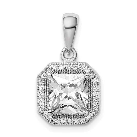 Sterling Silver Rhodium Plated Clear Cz And Square Pendant