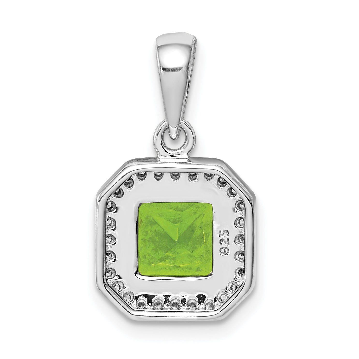 Sterling Silver Rhodium Plated Clear Cz And Square Green Pendant