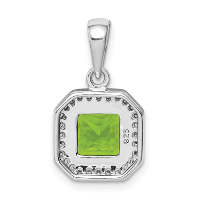 Sterling Silver Rhodium Plated Clear Cz And Square Green Pendant