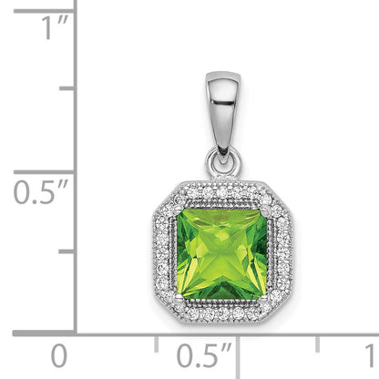 Sterling Silver Rhodium Plated Clear Cz And Square Green Pendant