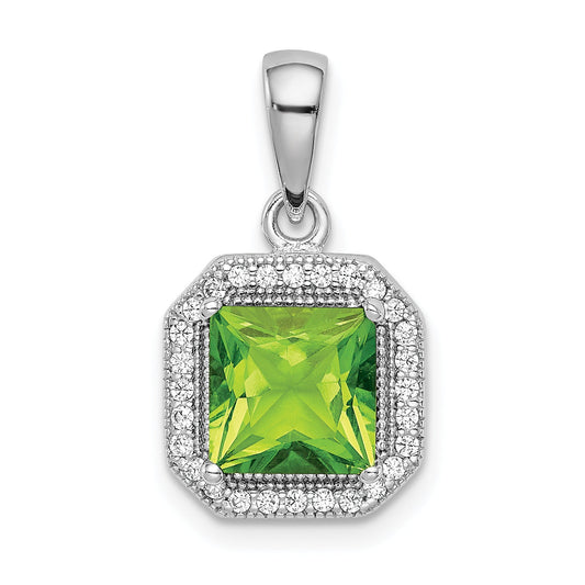 Sterling Silver Rhodium Plated Clear Cz And Square Green Pendant