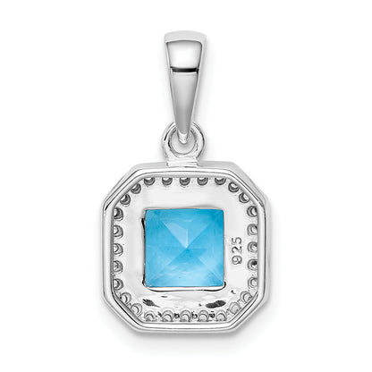 Sterling Silver Rhodium Plated Clear Cz And Square Blue Pendant