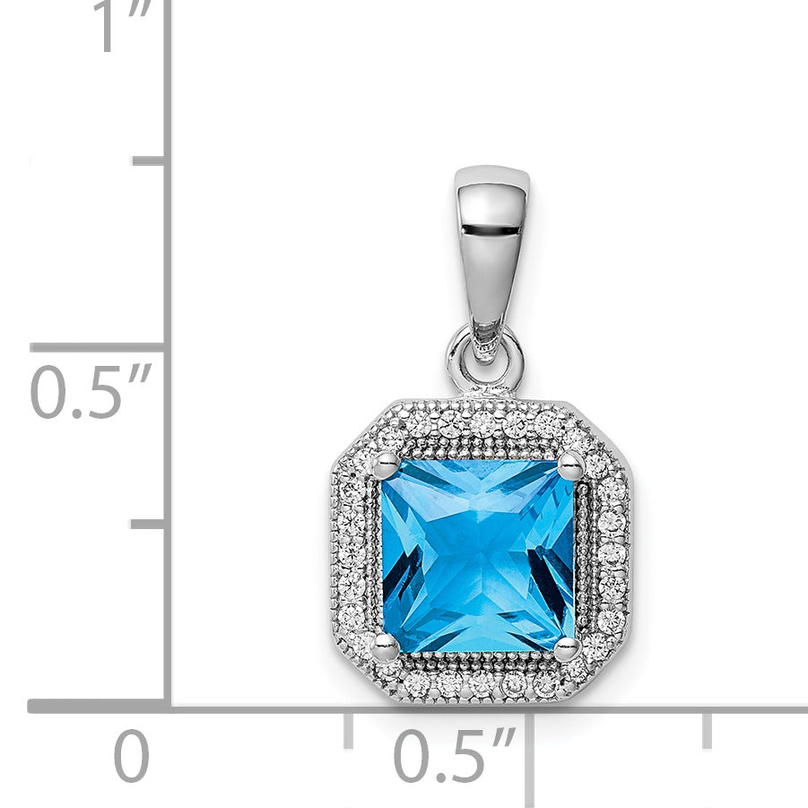 Sterling Silver Rhodium Plated Clear Cz And Square Blue Pendant