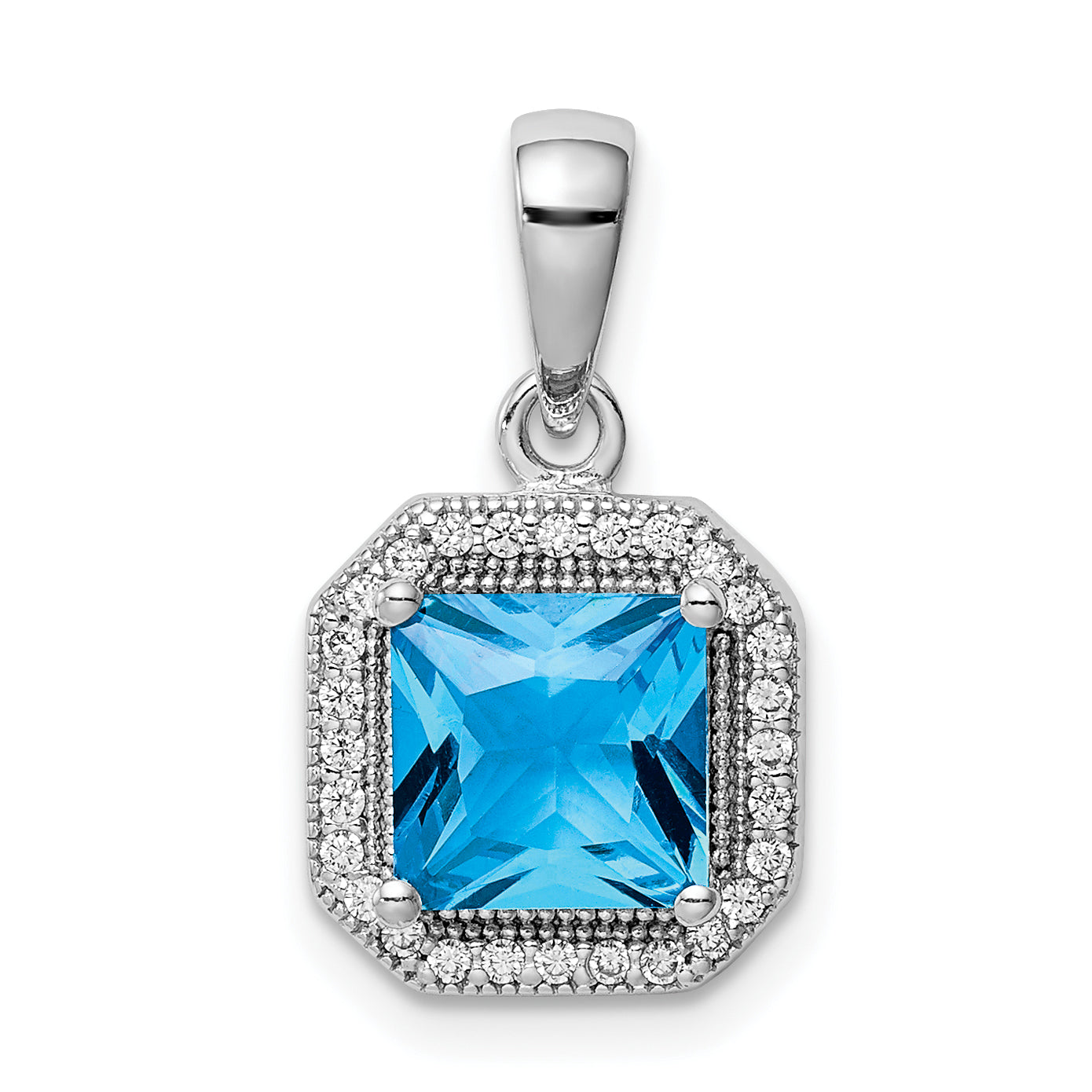 Sterling Silver Rhodium Plated Clear Cz And Square Blue Pendant