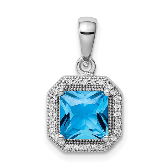 Sterling Silver Rhodium Plated Clear Cz And Square Blue Pendant