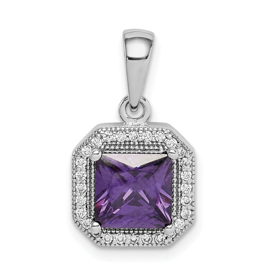 Sterling Silver Rhodium Plated Clear Cz And Square Purple Pendant