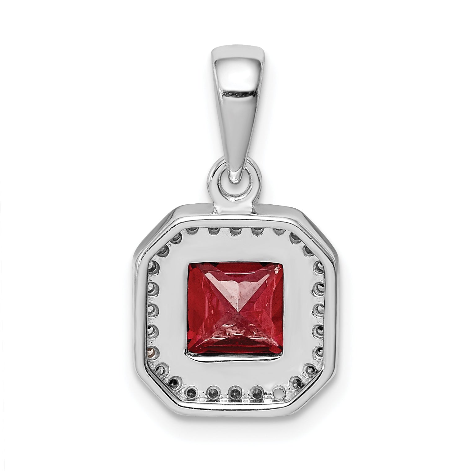 Sterling Silver Rhodium Plated Clear Cz And Square Red Pendant