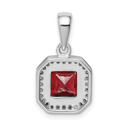 Sterling Silver Rhodium Plated Clear Cz And Square Red Pendant