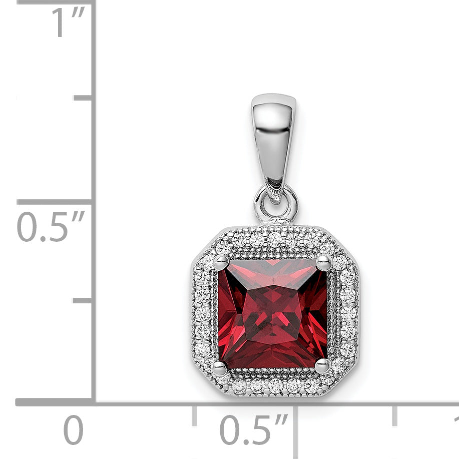 Sterling Silver Rhodium Plated Clear Cz And Square Red Pendant