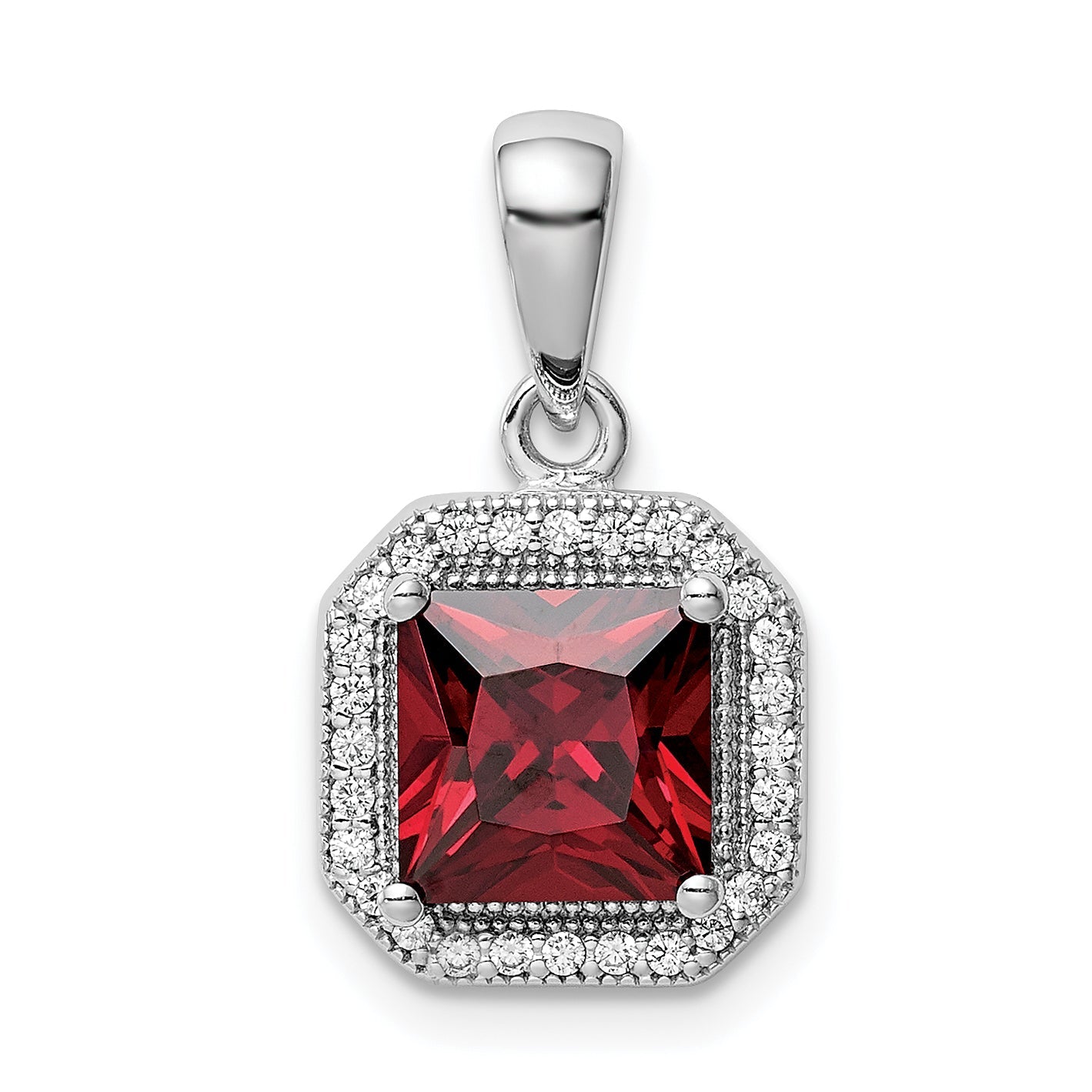 Sterling Silver Rhodium Plated Clear Cz And Square Red Pendant