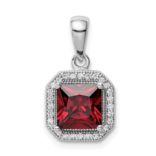 Sterling Silver Rhodium Plated Clear Cz And Square Red Pendant