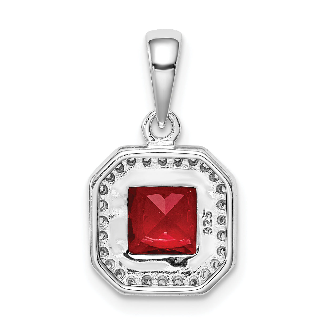 Sterling Silver Rhodium Plated Clear Cz And Square Red Pendant