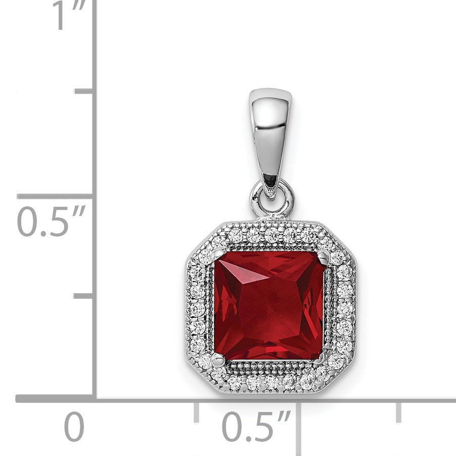 Sterling Silver Rhodium Plated Clear Cz And Square Red Pendant