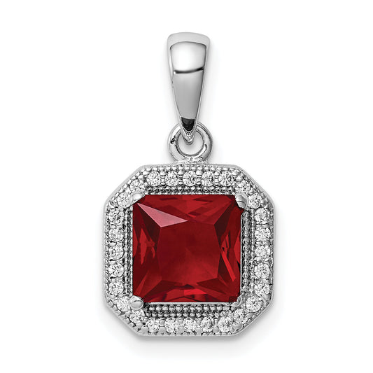 Sterling Silver Rhodium Plated Clear Cz And Square Red Pendant