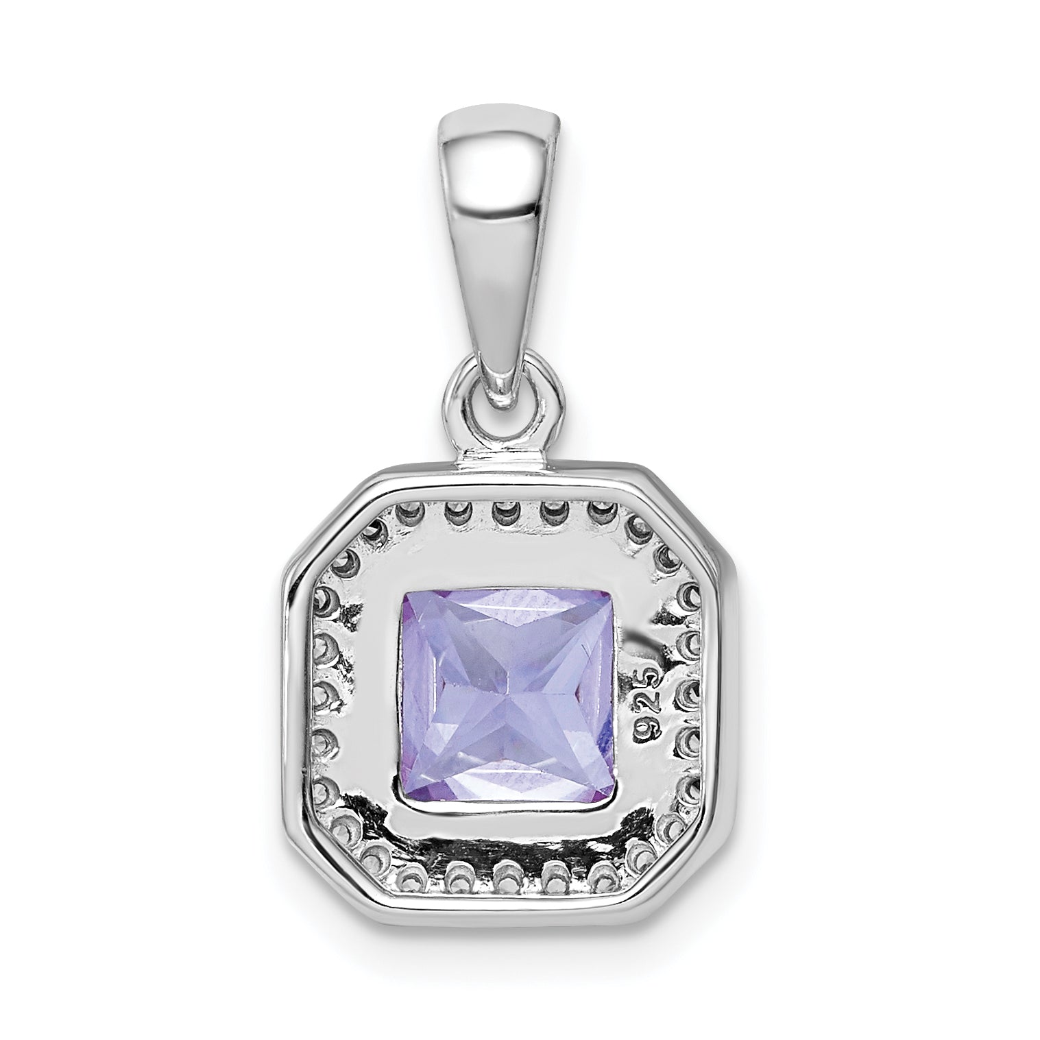 Sterling Silver Rhodium Plated Clear Cz And Square Light Purple Pendant