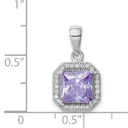 Sterling Silver Rhodium Plated Clear Cz And Square Light Purple Pendant